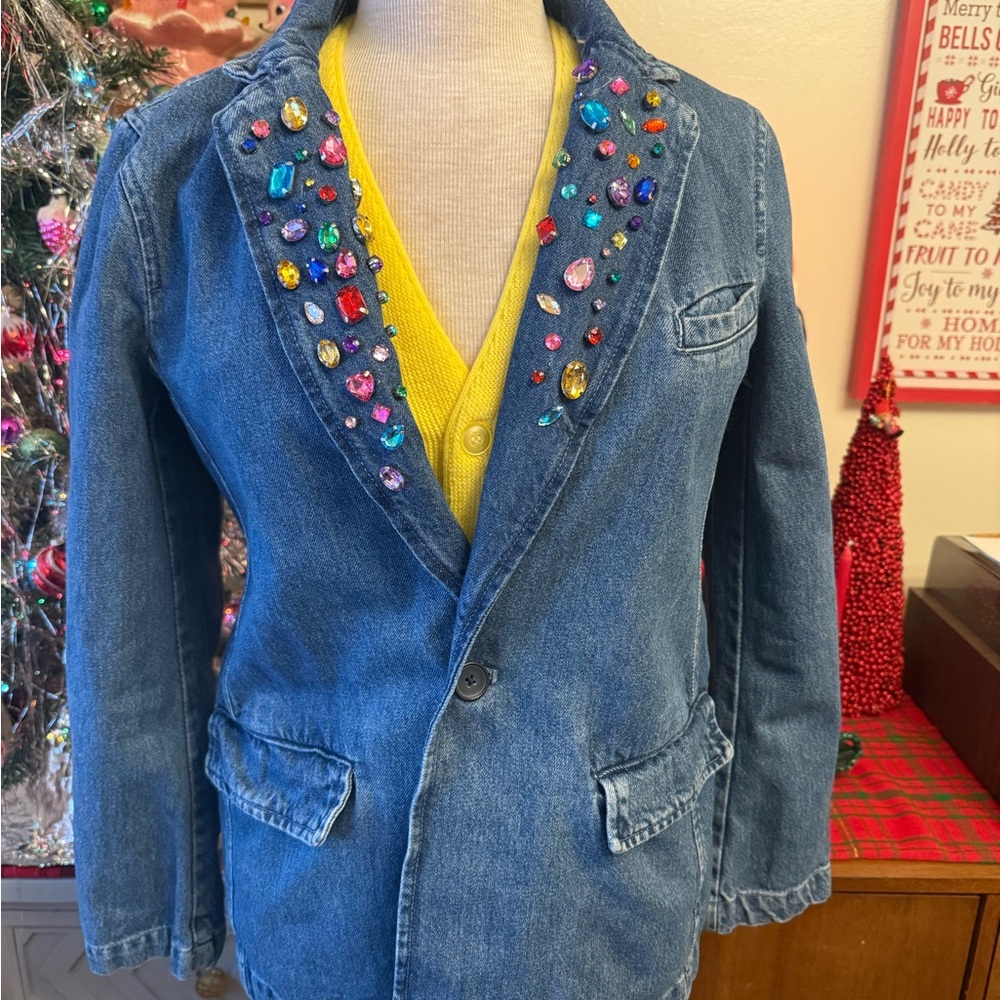 GAP Blue Denim Blazer with Colorful Embellishments DIY small